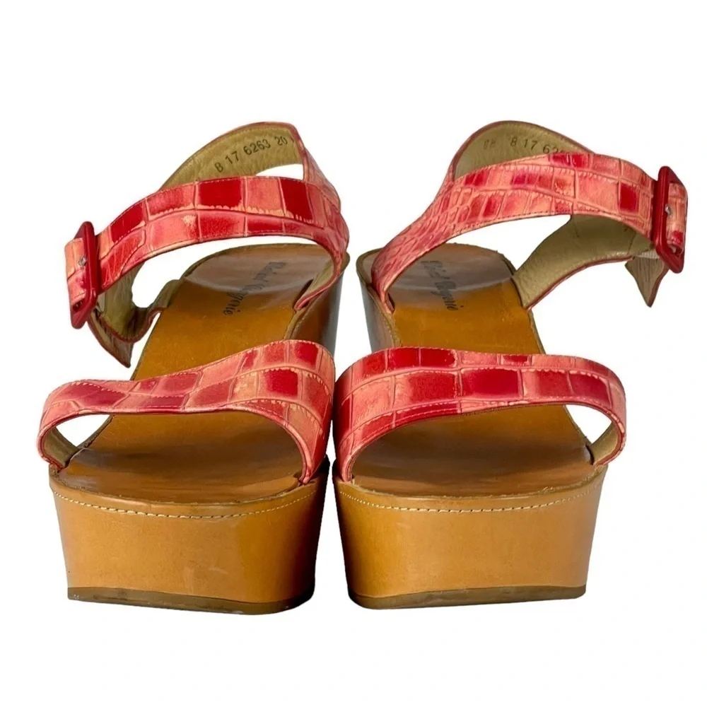 ROBERT CLERGERIE CORAL RED CROCODILE STAMPED PLATFORM WEDGE SANDALS